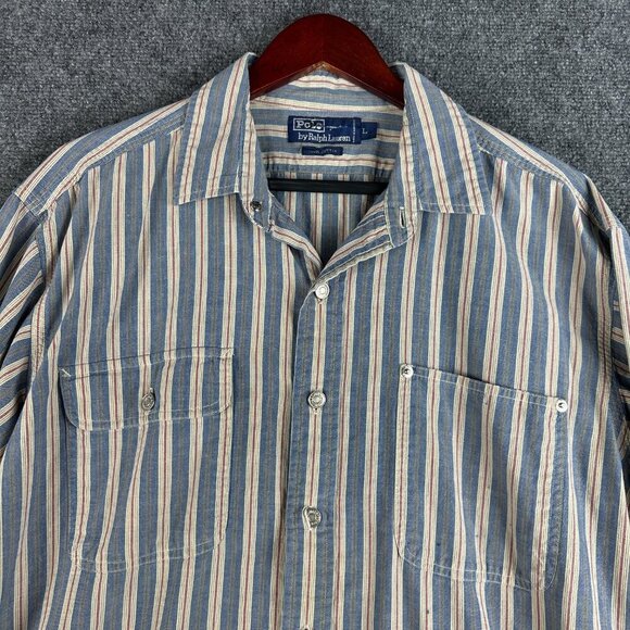 Polo Ralph Lauren Shirt Mens Large Blue Red Stripe Cotton Button Up Pockets - Picture 3 of 9